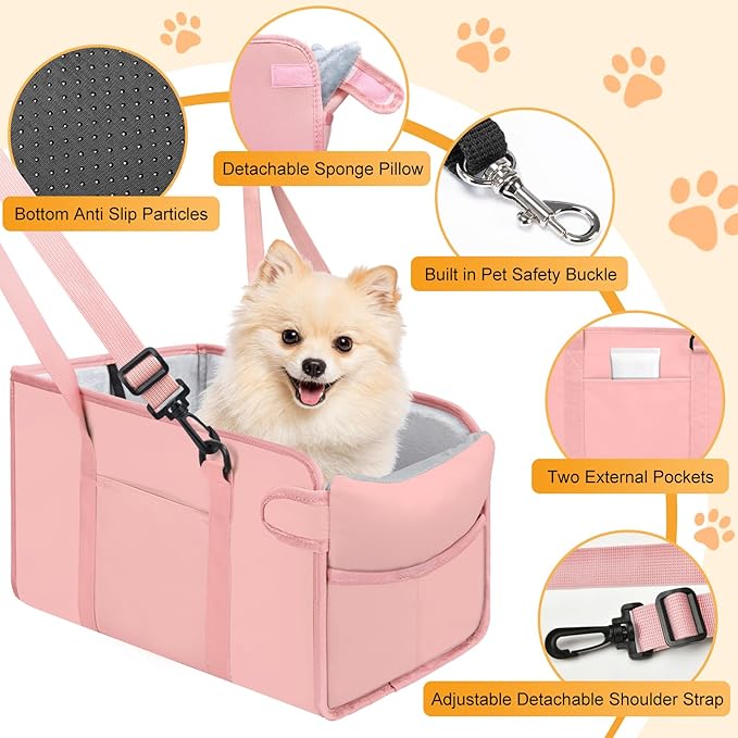 Portable Dog Car Seat for Small Dogs - Adjustable Safety Leash, Washable Cushion & Storage Pocket - Pet Booster Seat for Car Travel- Pink