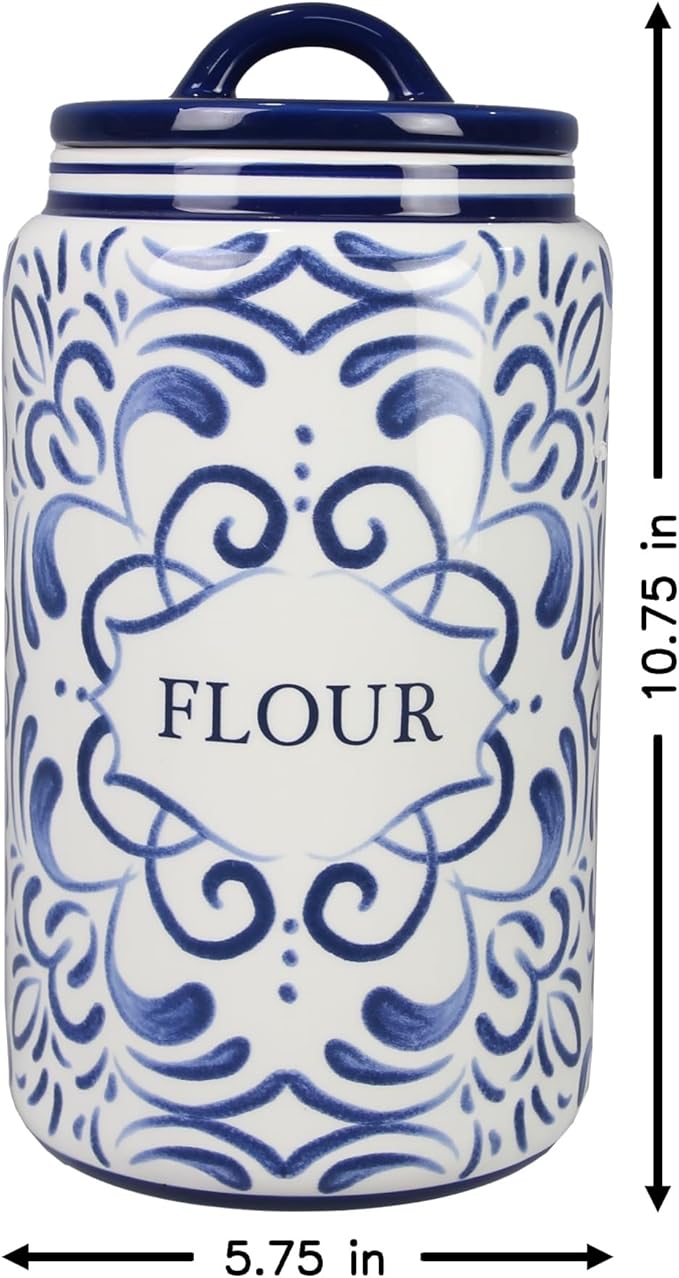 Young's Inc. 4 Pcs Set Talavera Ceramic Canisters- Storage Container for Kitchen and Bathroom - Beautiful Home Decor Accent to Store Food, Coffee, Tea, and More - White, Blue