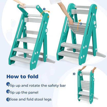Onasti Toddler Tower Kitchen Stool Helper, Foldable & Adjustable Height Kids Learning Stool for Kitchen Counter Bathroom Sink, Child Ladder for Toddlers with Handles, Safty Rail, Non-Slip Pads - Green