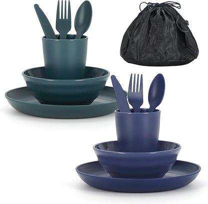 Camping Mess Kit for 2 with Bowl, Plate, Cup, Spoon, Fork, Knife and Carry Bag, Plastic Camping Accessories Essentials Gear for Couple Travel, Picnic, Outdoor, Easy to Carry
