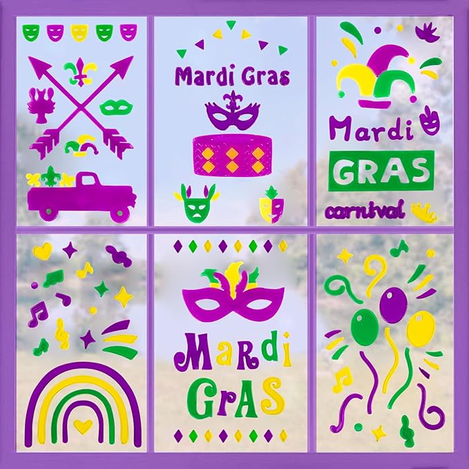 Mardi Gras Decorations - Window Gel Clings, Mask, Balloons, Clown Clings for Glass Windows, Party Decorations