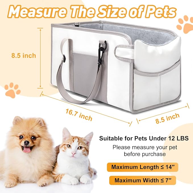 Portable Dog Car Seat for Small Dogs - Pet Booster Seat with Safety Leash, Adjustable Straps, Washable Cushion & Storage Pocket - Center Console Puppy Car Seat for Travel - Beige