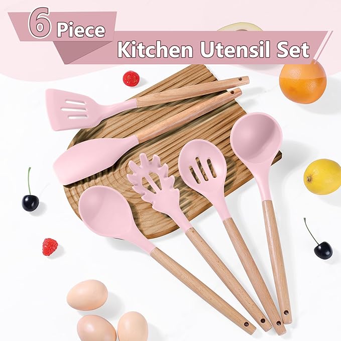 P&P CHEF Cooking Utensils Set, 6 PCS Kitchen Utensils with Wooden Handle, Silicone Spatula for Nonstick Cookware, Easy Clean & Non-toxic, Pink