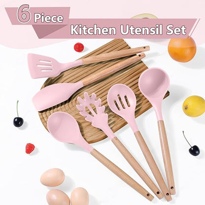 P&P CHEF Cooking Utensils Set, 6 PCS Kitchen Utensils with Wooden Handle, Silicone Spatula for Nonstick Cookware, Easy Clean & Non-toxic, Pink