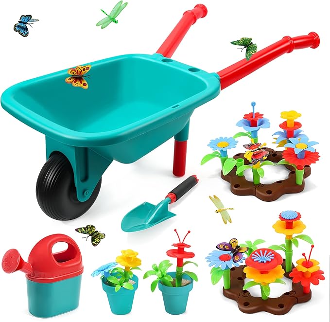 CUTE STONE Kids Gardening Tool Set, Garden Toys with Wheelbarrow, Watering Can, Shovel, Flower Garden Building Toy, Pretend Play Outdoor Indoor Activities Stem Toy Gifts for Boys Girls