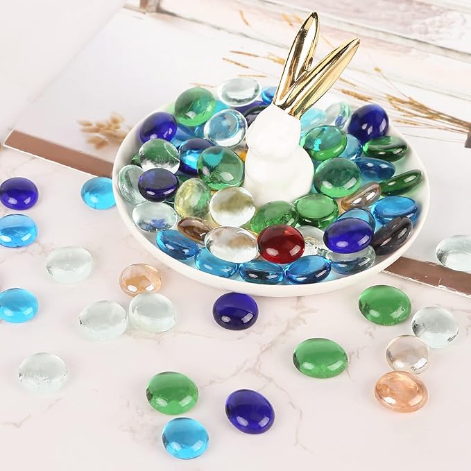FUTUREPLUSX 1LB Multicolored Flat Glass Marbles, Mixed Mancala Stones Pebbles Flat Beads Mosaics Gemstones for Vase Filler Table Scatter Home Decor