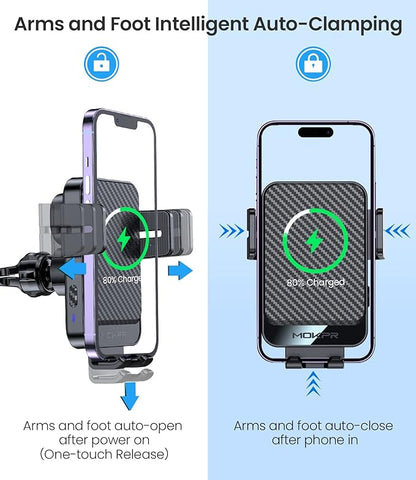 Wireless Car Charger, MOKPR 15W Fast Charging Auto-Clamping Car Mount Universal Hands-Free Car Charger Mount for Dash Windshield Air Vent Compatible with iPhone 16 15/14/13/12, Samsung S23/S22/S21,etc