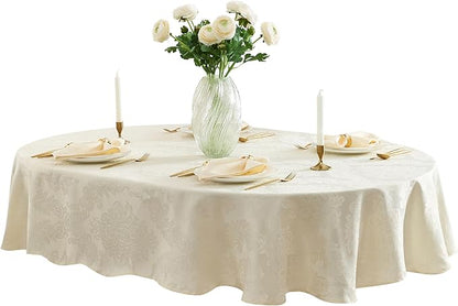 Newbridge Barcelona Luxury Damask Fabric Tablecloth, 60” Wide x 84” Oval, Antique White, 100% Polyester, No Iron, Soil Resistant Dining Room, Party and Banquet Table Cover