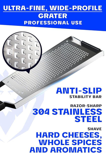 Dalstrong Professional Wide Cheese Grater - Fine - #304 Stainless Steel Blade - G10 Handle Kitchen Shredder - w/Blade Guard - Hard Cheese, Parmesan, Spices, Carrot, Garlic, Ginger - NSF Certified