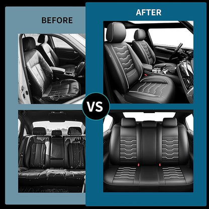 Fit Compass Car Seat Covers for Jeep Compass 2007-2025 2026 -Full Set Premium Leather, Waterproof & Breathable，All-Weather Seat Cushion Protecto & Airbag Compatible, 5 Seats White Line Black