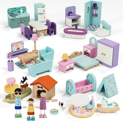 Lehoo Castle Wooden Dollhouse Furniture Set 39 Pcs with 5 Rooms, Family Dolls & Pets, All-Wooden Doll House Accessories and Furniture, Pretend Play Dollhouse Accessories Toy Gift for Kids 3+