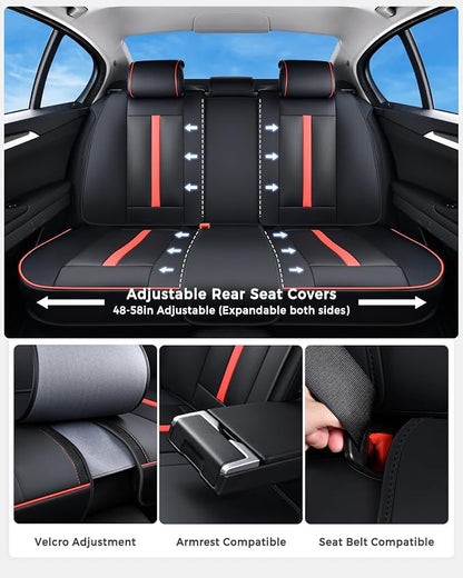 Huidasource Rear seat Cover Luxury Nappa Leather, Back seat Cover with Velcro Adjustable, Ventilation Holes, Seat Belts, Child Seats, Car Cover Seat Universal Fit for Most Cars SUV Trucks, Black＆Red