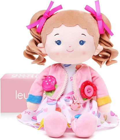 LeyaDoll Soft Bady Educational Soft Baby Doll(16''), Learning Sensory Doll for Toddlers, Montessori Toys for 2-Year-Old Girls Christmas, Birthday Gifts, Plush Doll with Button-Busy Cupcake-Girl