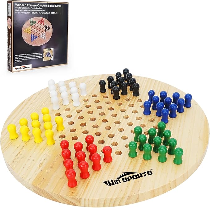 Chinese Checkers Board - Classic Strategy Game & Fun for The Whole Family, Includes 60 Wooden Pegs in 6 Colors, Made with Natural Wood (11.5 Inch)