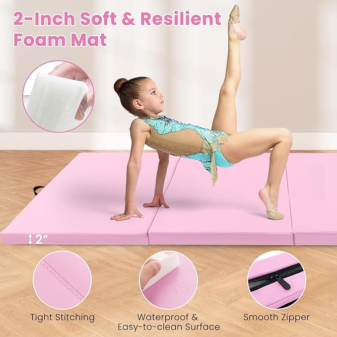 Giantex 4'x10'x 2" Gymnastics Mat, 4-Panel Folding Aerobics Exercise Mat w/Hook & Loop Fastener, Carrying Handle, Portable Tumbling Mat for Stretching Yoga Cheerleading Martial Arts