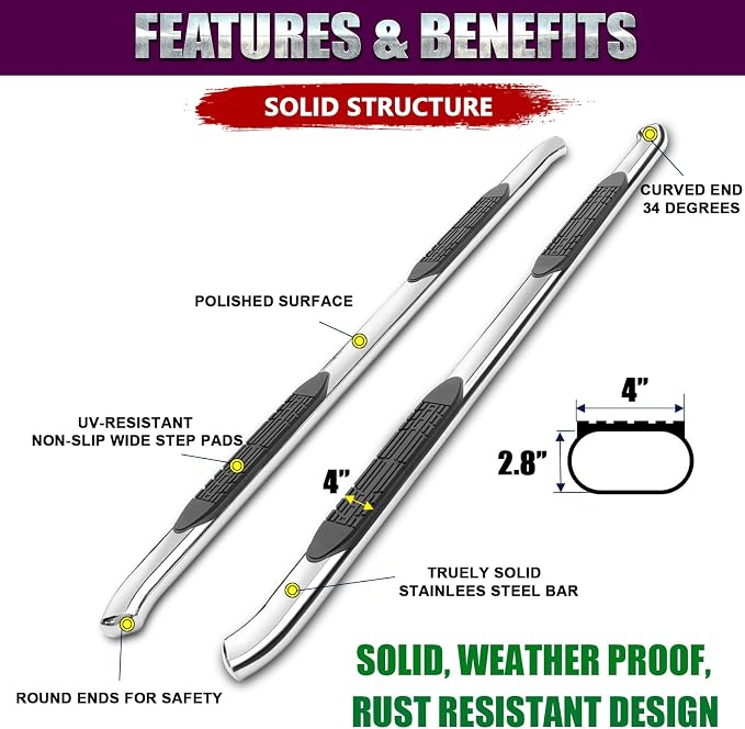 4 Inch Curved Running Boards Stainless Steel Nerf Bars Side Steps for 2000-2018 Chevy Silverado/GMS Sierra 1500 2500 3500 Crew Cab (with DEF Tank), No-Cut, No Drilling, Bolt on Installation