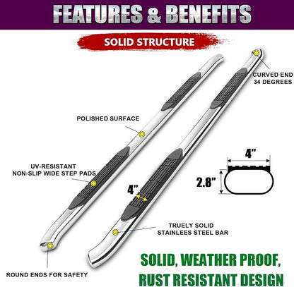 4 Inch Curved Running Boards Stainless Steel Nerf Bars Side Steps for 2000-2018 Chevy Silverado/GMS Sierra 1500 2500 3500 Crew Cab (with DEF Tank), No-Cut, No Drilling, Bolt on Installation