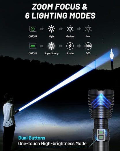 Powerful Flashlights 600000 High Lumens, 10000mAh Battery | 6 Modes with Fast Charge, Super Bright Rechargeable Flashlight IP67 Waterproof & Shock Resistant for Outdoor Activities