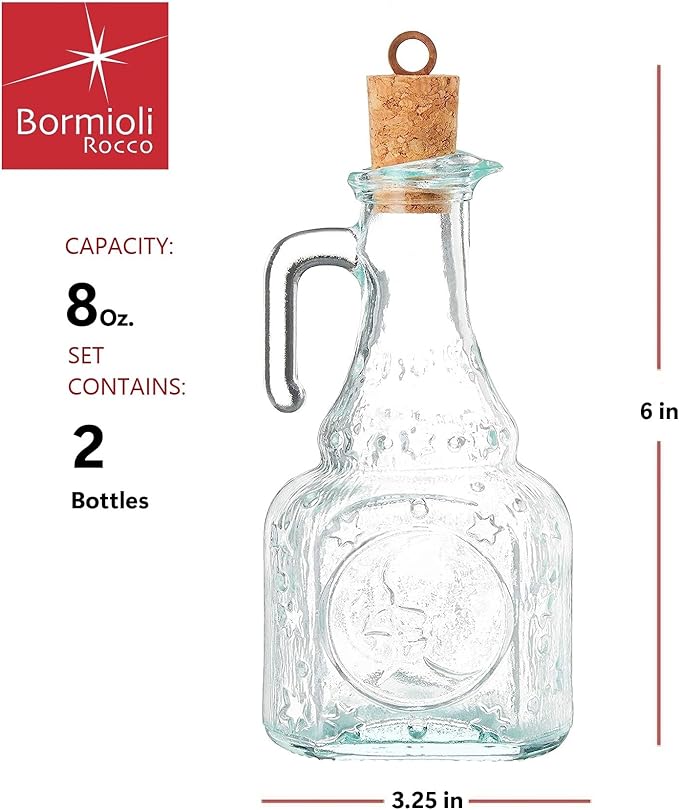 Bormioli Rocco Set Of 2 Country Home Helios Oil Bottle, 8-ounce With All Natural Cork Lid, Blue-green Tinted Star Glass, Elegant And Floral Design Made In Italy.