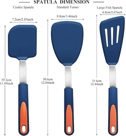 To encounter 3 Pieces Silicone Spatula Set, Heat Resistant Flexible Turner Spatulas, Nonstick Cookie Spatula, Fish Spatula, Dishwasher Safe, Navy Blue