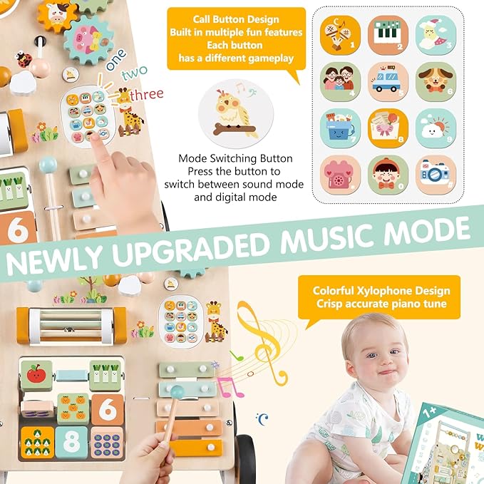 Wooden Baby Walker with Wheels, Push Walker with Baby Activity Center, Montessori Walking Toy for 1 Year Old Girls Boys, Ajustable Speed & Height Activity Toy for Toddler Learning to Walk 12+ Months