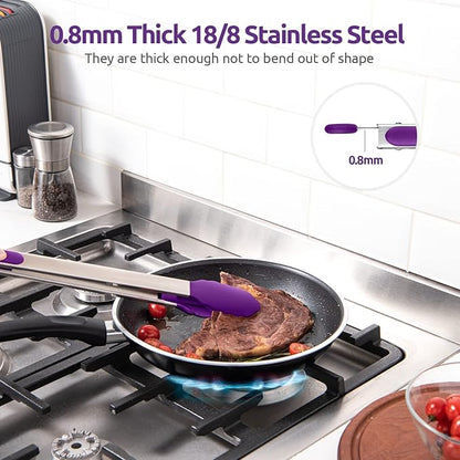 600ºF Heat Resistant Kitchen Tongs: U-Taste 16 inch Extra Long Large Silicone Cooking Tong with Sturdy Non Stick Rubber Tips & Non Slip Silicon Coated 18/8 Stainless Steel Handle for Grill BBQ(Purple)