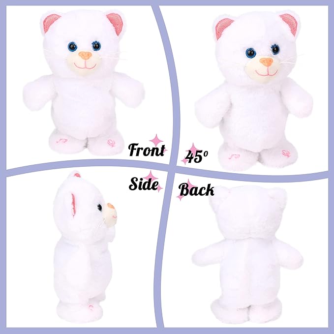 Hopearl Talking Kitty Singing Cat Repeats What You Say Walking Electric Interactive Animated Toy Speaking Plush Buddy Gifts for Toddlers, White, 8''