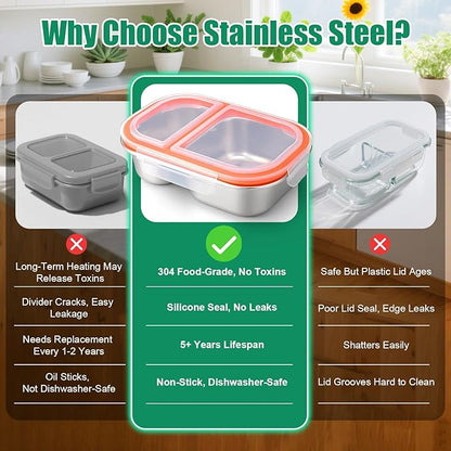 Palksky Lunch Containers Meal Prep Containers Stainless Steel, 2 Compartment Food Storage Containers with Leak-Proof Lids, Reusable Airtight Bento lunch Boxes, Kitchen Storage, Freezer (4 Packs)