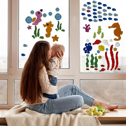 7 Pack Summer Window Gel Clings, Reusable TPR Jelly Stickers for Glass Windows, No-Residue Peel & Stick Decorations - Bright Ocean Themes for Room, Office, Home, Car, Bathroom Decor