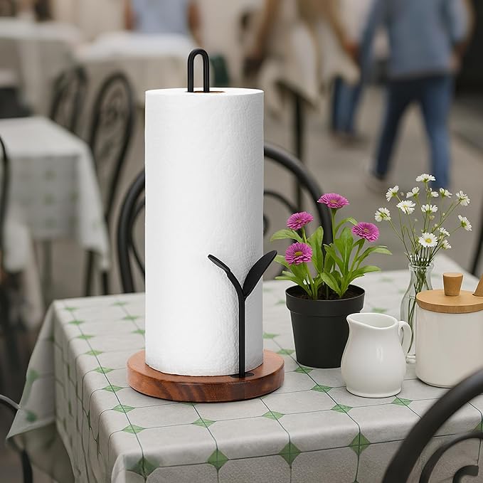 Wood Paper Towel Holder Countertop, Leaf-Shaped Accent Iron Rods
