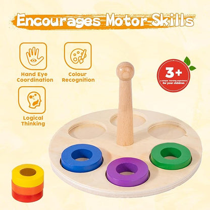 Adena Montessori Wooden Stacking and Sorting Ring,Wooden 6 Rings on Peg,Wooden Rainbow Stacking Rings Baby Toy, Stacker Toys for Infants and Toddlers,Wood Educational Developmental Toy Multicolor