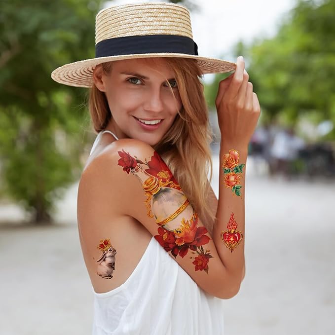 77 Sheets Temporary Tattoo, Lion Wolf Snake Skull Elephant Fake Tattoos for Adults Neck Shoulder, Bee Angel Crown Scepter Realistic Temporary Tattoos for Men Women Girls