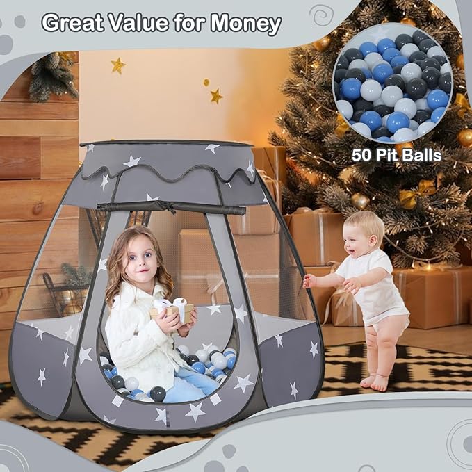 Baby Ball Pit for Toddler with 50 Balls, Kids Pop Up Play Tent for Girls, Princess Toys Gifts for Children Indoor & Outdoor Playhouse (Black: Gray/White/Babyblue, 109x90cm/50 Balls)