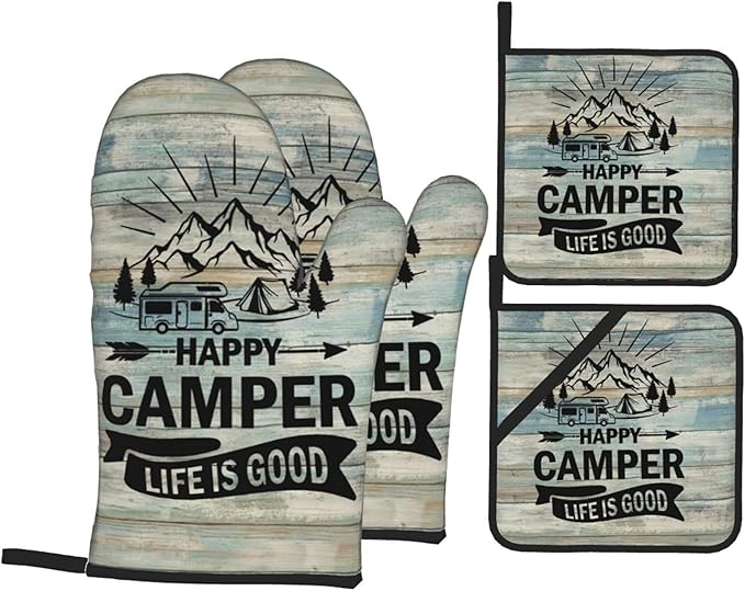 Happy Camper Oven Mitts and Pot Holders Sets of 4, Resistant Hot Pads