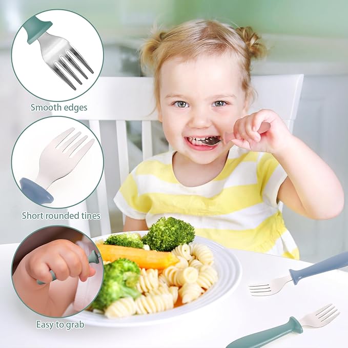 Pimoys 6-Pack Stainless Steel Toddler Forks Baby & Kids Utensils for Self-Feeding Plastic Handle Dishwasher Safe
