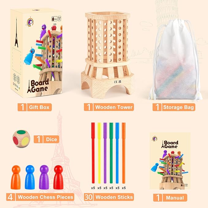 Montessori Wooden Board Game, Educational Toys for 3 4 5 6 Year Old, Board Games for Kids with Colorful Sticks, Math Game Fine Motor Skills Toys, Family Travel Games for Kids and Adults Gifts for 3+