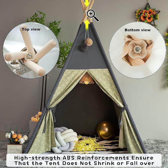 Teepee Tent for Kids Stripe Padded Mat Foldable Dark Tone Grey Play Tents for Girl and Boy with Carry Case Wooden Pole Printing Canvas Tepee Playhouse for Child Indoor Outdoor
