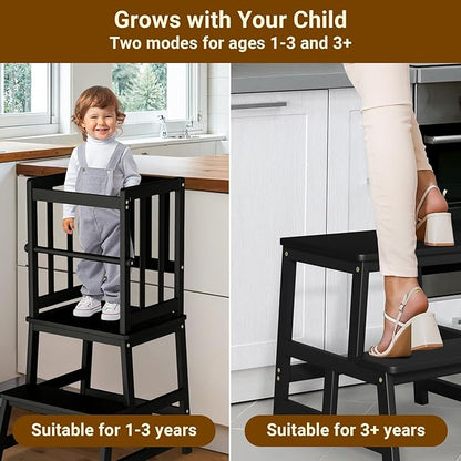 COSYLAND Kitchen Step Stool for Toddlers – Stable A-Frame Design Kids Standing Tower with Protective Crossbar – Wooden Learning Stool for Kitchen Island Counter, Bathroom (Black)