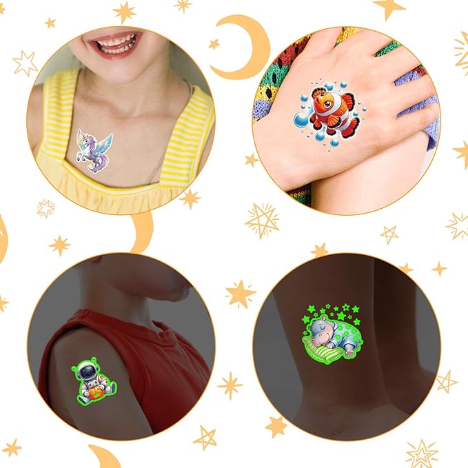 Glow in Dark 3D Temporary Tattoos for Kids, 117 Unicorn Mermaid Truck Dinosaur Space Cartoon Animal Waterproof Fake Tattoos, Luminous Small Stickers for Boys Girls Birthday Party Favor
