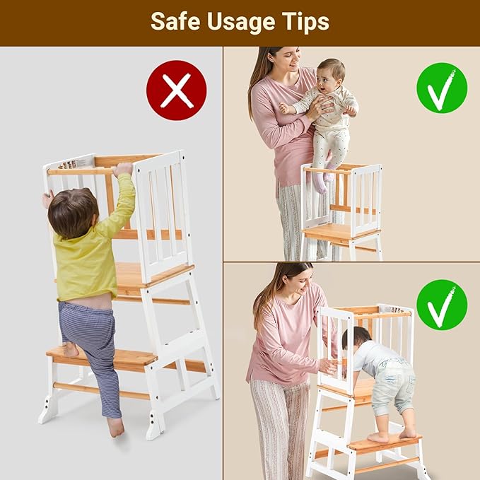 COSYLAND Kids Kitchen Step Stool Helper - Wooden Standing Tower for Kids with Anti-Tip Support Legs - Mothers' Helper Kids Learning Stool for Kitchen Counter (White & Natural)