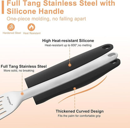 Fish Spatula Stainless Steel, 2 Pcs Metal Spatula Set for Kitchen and Grilling, Slotted Turner with Silicone Handle for Cast Iron Skillet, Cooking Utensils for Fish, Burger, Egg, 13.5" & 11.6"