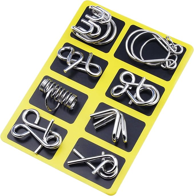 Metal Wire Puzzle Set，Brain Teaser Metals Puzzle ，Chinese Ring Magic Trick Toy for Party Favor Kids 7-14 and Adults Challenge (A(Metal))
