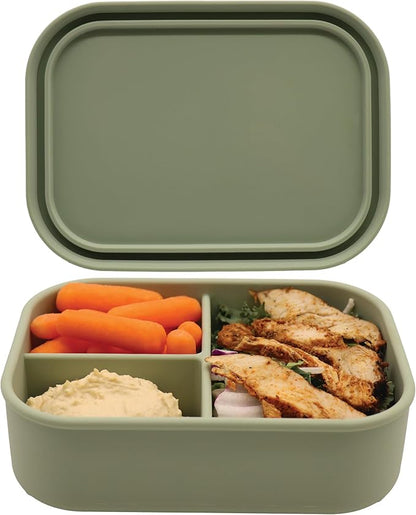 Silicone Bento Box, 3 Compartments, BPA-Free, Leak-Resistant, Dishwasher and Microwave Safe, Perfect for Work, Travel & Meal Prep, (Green)
