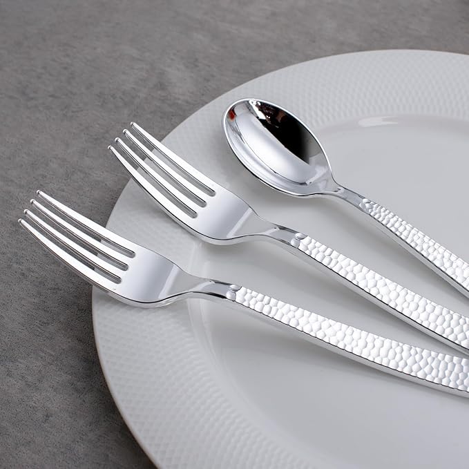 KIRE 400PCS Silver Plastic Forks and Spoons Disposable-Heavy Duty Plastic Silverware Set Silver Spoons and Forks-200 Forks and Spoon for Parties/Birthday/Wedding for Christmas