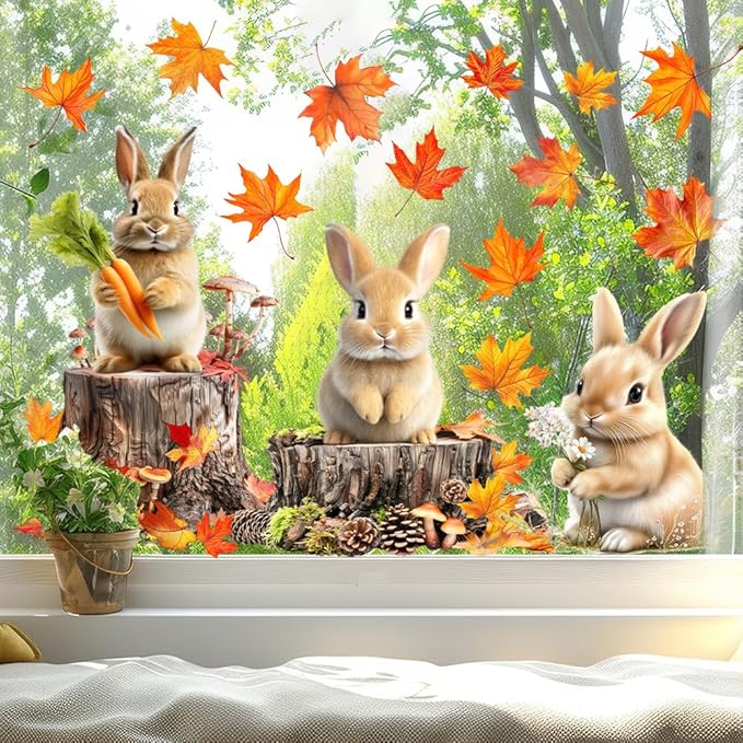Maple Leaf Window Clings Fall Window Clings for Glass Windows Double-Sided Cute Rabbit Window Stickers for Glass Windows Decoration for Party Home Shop Decorations