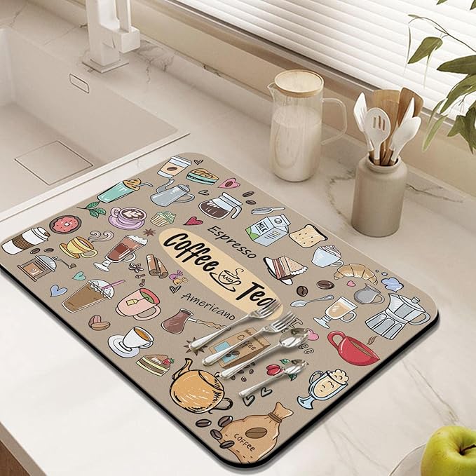 Fun Coffee Bar Mat 24inx18in, Absorbent Hide Stain Anti-Slip Accessories Fit