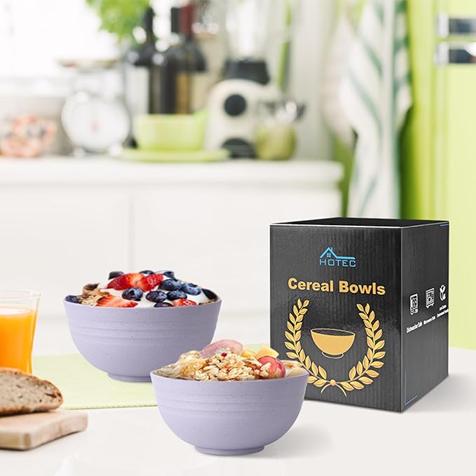 HOTEC BPA Free Unbreakable Wheat Straw Cereal Bowls - Microwave & Dishwasher Safe Soup and Salad Bowls, Set of 8, 26oz, Purple