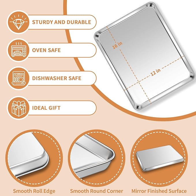 Stainless Steel Baking Sheet Set of 2, Deedro Cookie Sheet Metal Baking Pan