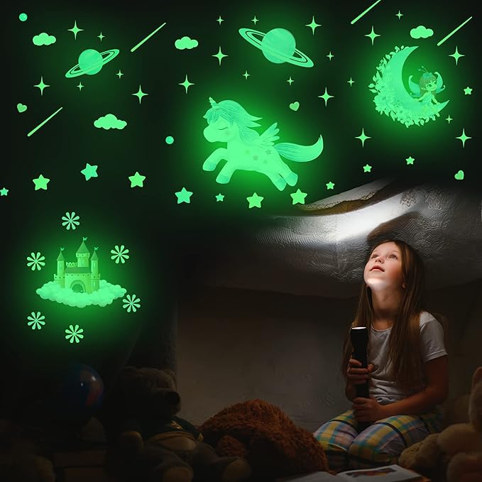 Glow in The Dark Fairy Unicorn Wall Decal Sticker, Girl Bedroom Star Rainbow Castle Princess Wallpaper Decoration, Glowing Moon Ceiling Decor