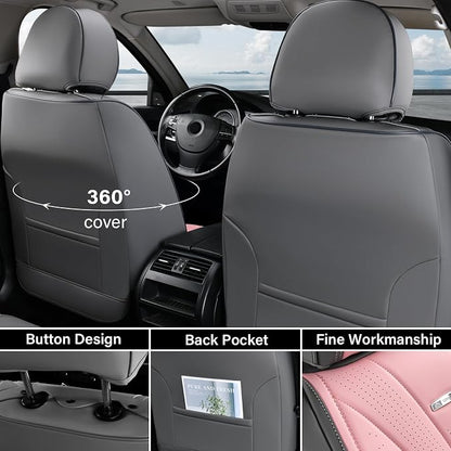 Coverado Seat Covers Full Set, Leather Car Seat Covers, Waterproof Seat Covers for Cars, Front and Back Seat Covers, Car Seat Protectors Car Seat Cushions Universal Fit for Most Cars, Gray&Pink